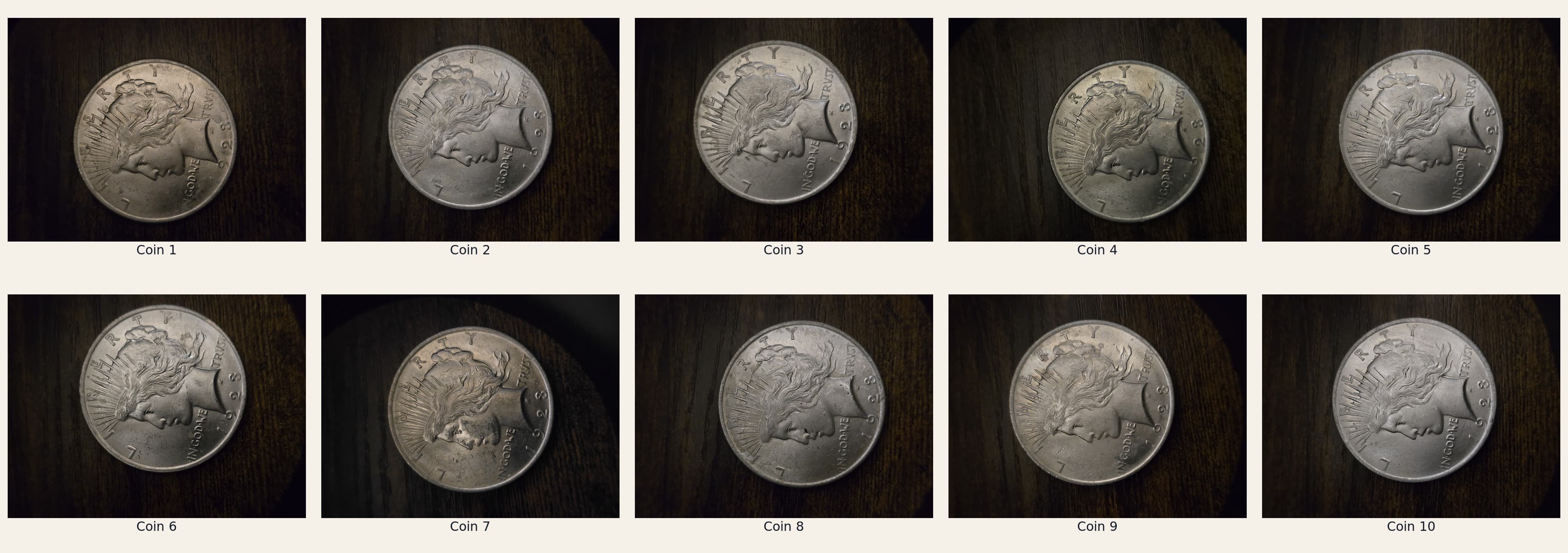 Exact obverses of ten 1923 Philadelphia Peace silver dollars, numbered 1 through 10