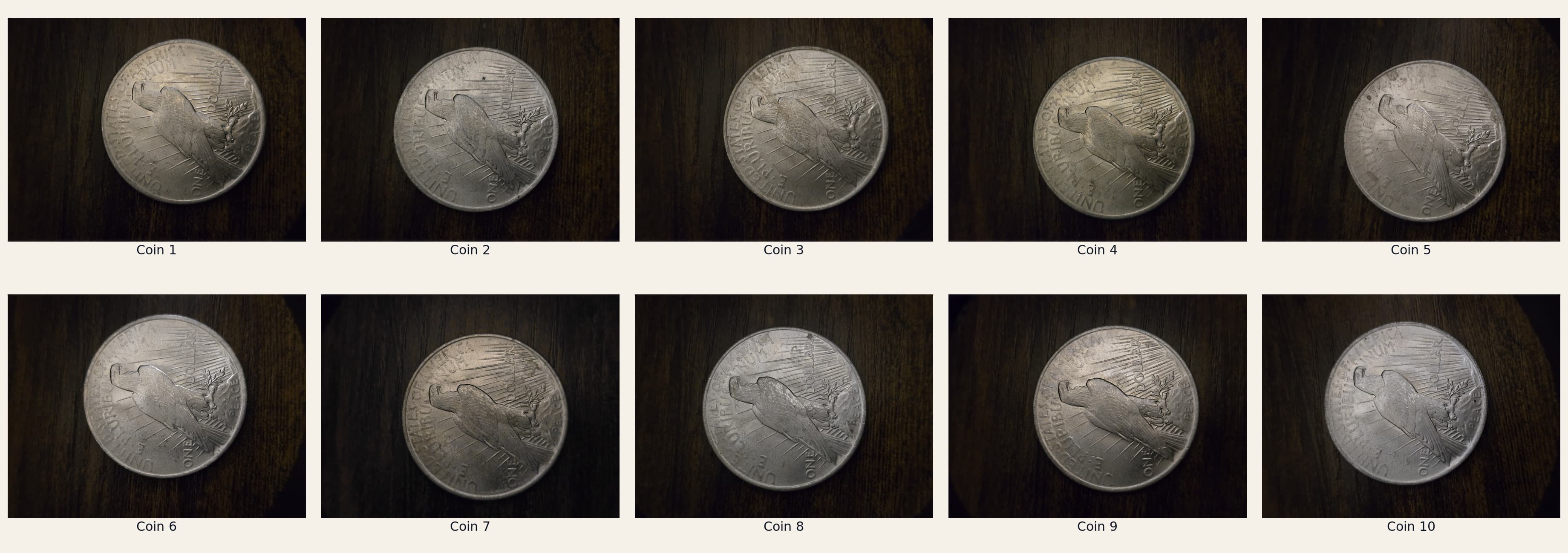 Exact reverses of ten 1923 Philadelphia Peace silver dollars, numbered 1 through 10