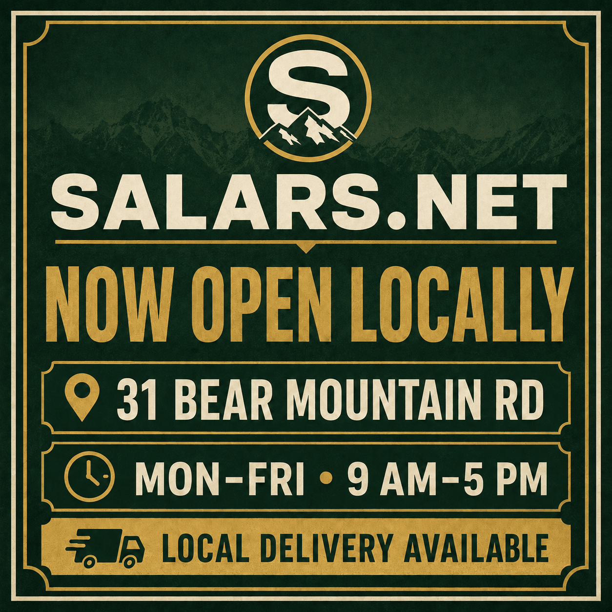Salars.net local store announcement featuring coins, books, emergency gear and locally grown food