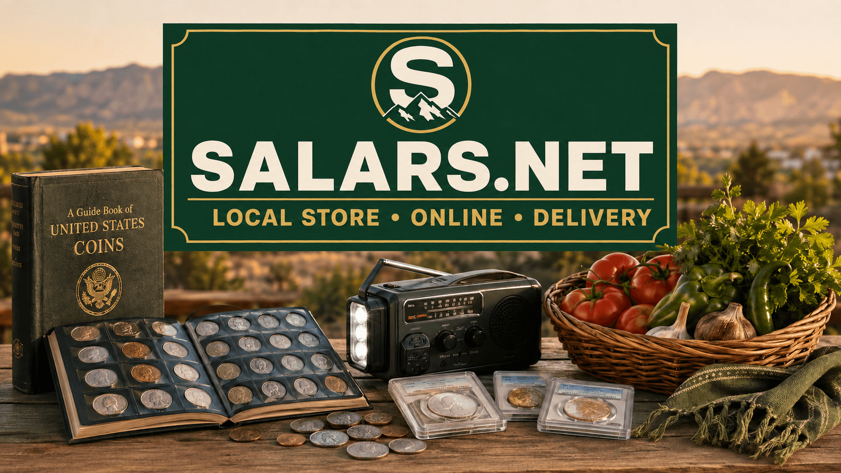 Salars.net local store featuring coins, books, emergency gear and local food