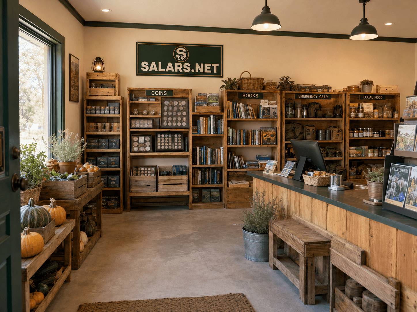 Interior of the Salars.net local store with organized displays for coins, books, emergency gear and local food