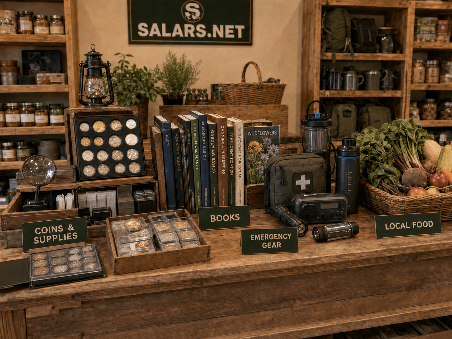 Salars.net product display featuring coins, books, emergency gear and locally grown food