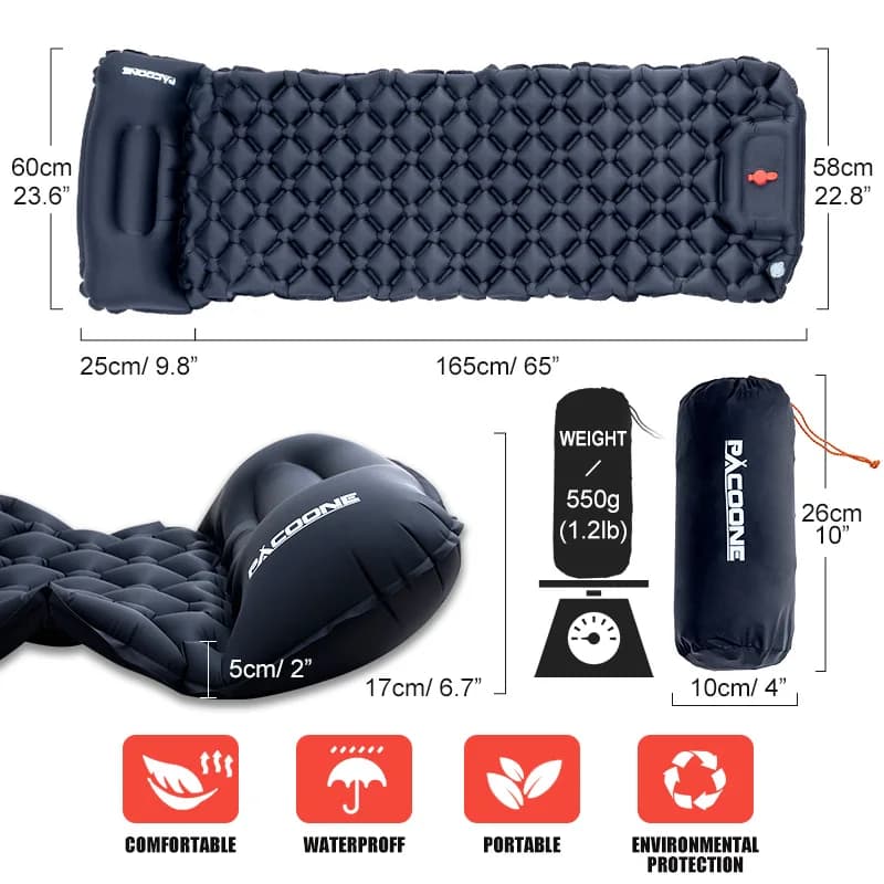 PACOONE Outdoor Sleeping Pad Camping Inflatable Mattress Built-in Pump Ultralight Air Cushion Travel Mat With Headrest For Trave - Image 3
