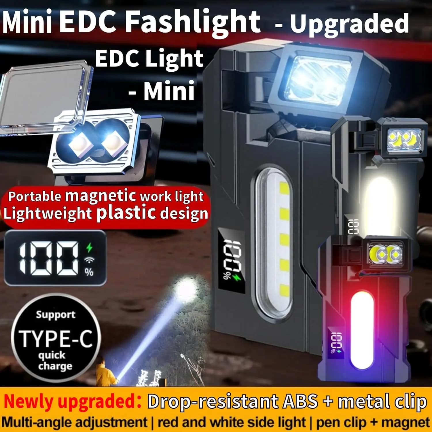 Mini EDC Flashlight 1200 Lumens, Super Bright 3 Modes Mini EDC Pocket-sized Flat Flashlights Rechargeable,Portable ABS Small LED Dual Light w Clip,IP68 Rotatable Magnetic Torches for Camping Emergency - Image 2