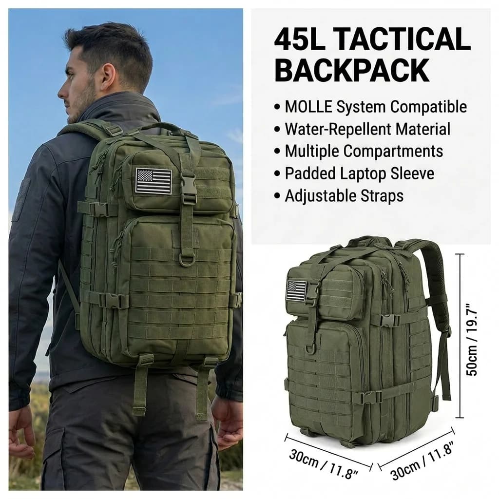 Men 45L Tactical Hiking Backpack Molle Mountaineering Water Resistant Outdoor Camping Trekking Backpacking Bushcraft Travel Rucksack Bug Out Bag Survival Emergency Large Capacity Climbing Cycling Daypack Women Durable Wear Resistant Trail Camp Hikers - Image 1