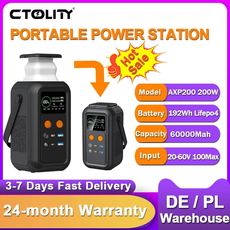 CTOLITY 200W Power Station Camping 192Wh Lifepo4 Power Bank 60000mAh Portable Charger Battery Emergency Power USB TYPE-C Port - Image 1