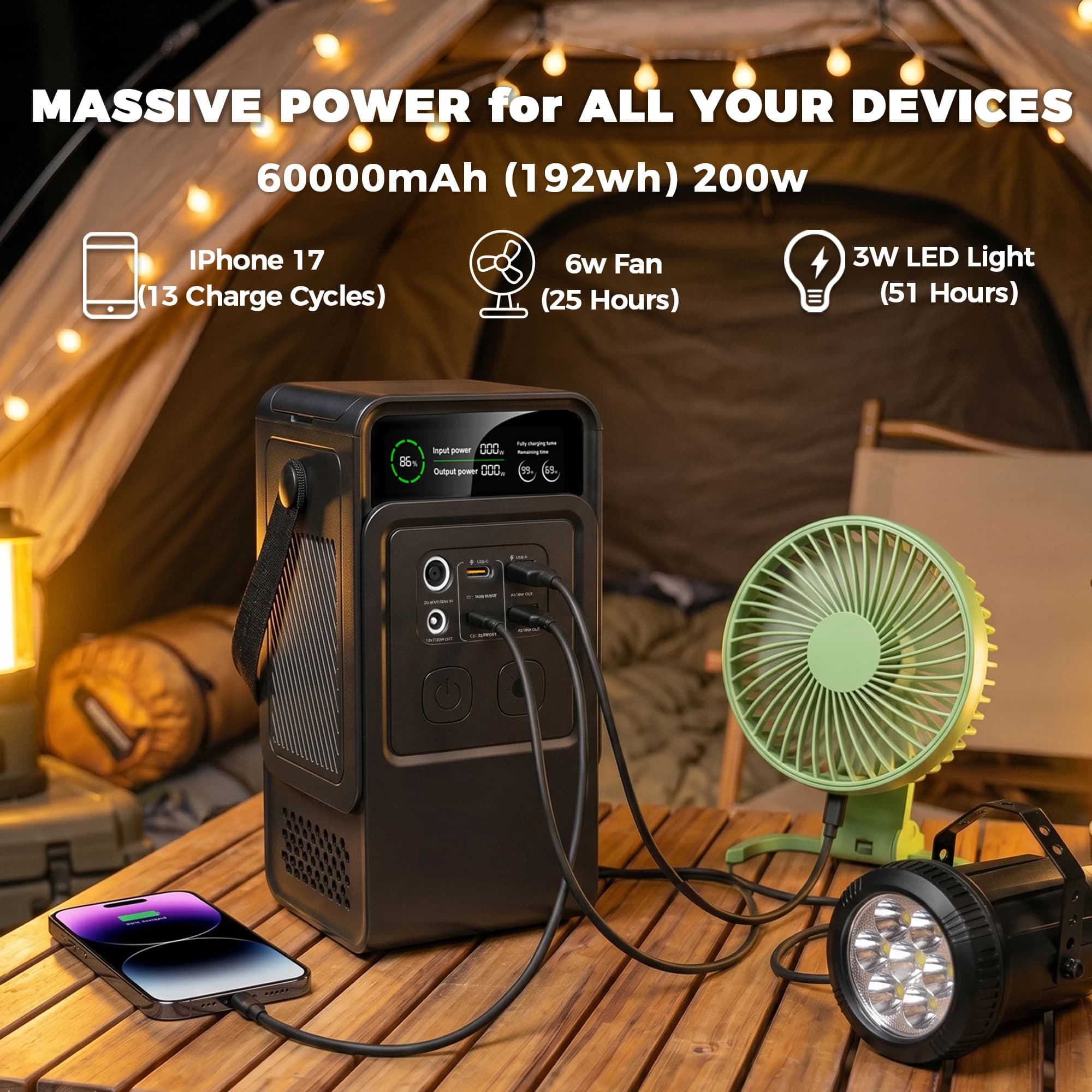 CTOLITY 200W Power Station Camping 192Wh Lifepo4 Power Bank 60000mAh Portable Charger Battery Emergency Power USB TYPE-C Port - Image 2