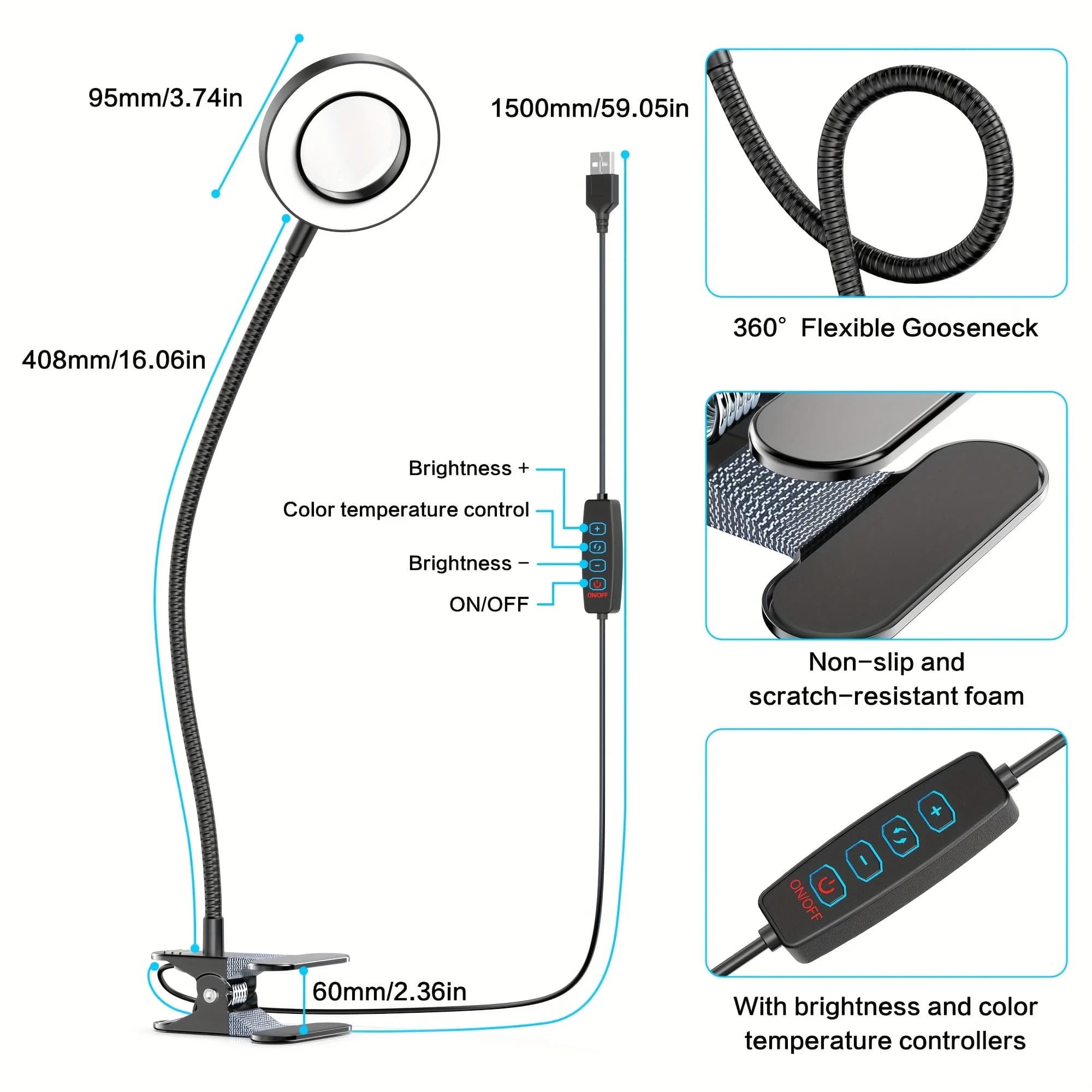 1/2-Pack: Upgraded 10x Magnifying Lamp with Clamp — 3 Color Modes & Stepless Dimming LED, 360° Adjustable Gooseneck, USB Powered. Ideal for Desks, Reading, Bedside Use, and Workshops. A Modern, Multi-Mode Lighting Solution with a Flexible Neck. (Dual-Ligh - Image 2