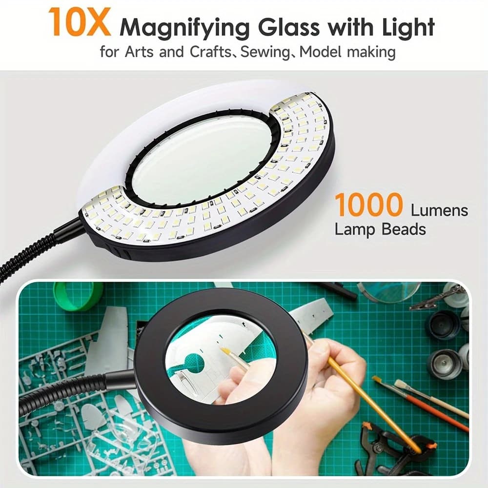 1/2-Pack: Upgraded 10x Magnifying Lamp with Clamp — 3 Color Modes & Stepless Dimming LED, 360° Adjustable Gooseneck, USB Powered. Ideal for Desks, Reading, Bedside Use, and Workshops. A Modern, Multi-Mode Lighting Solution with a Flexible Neck. (Dual-Ligh - Image 4