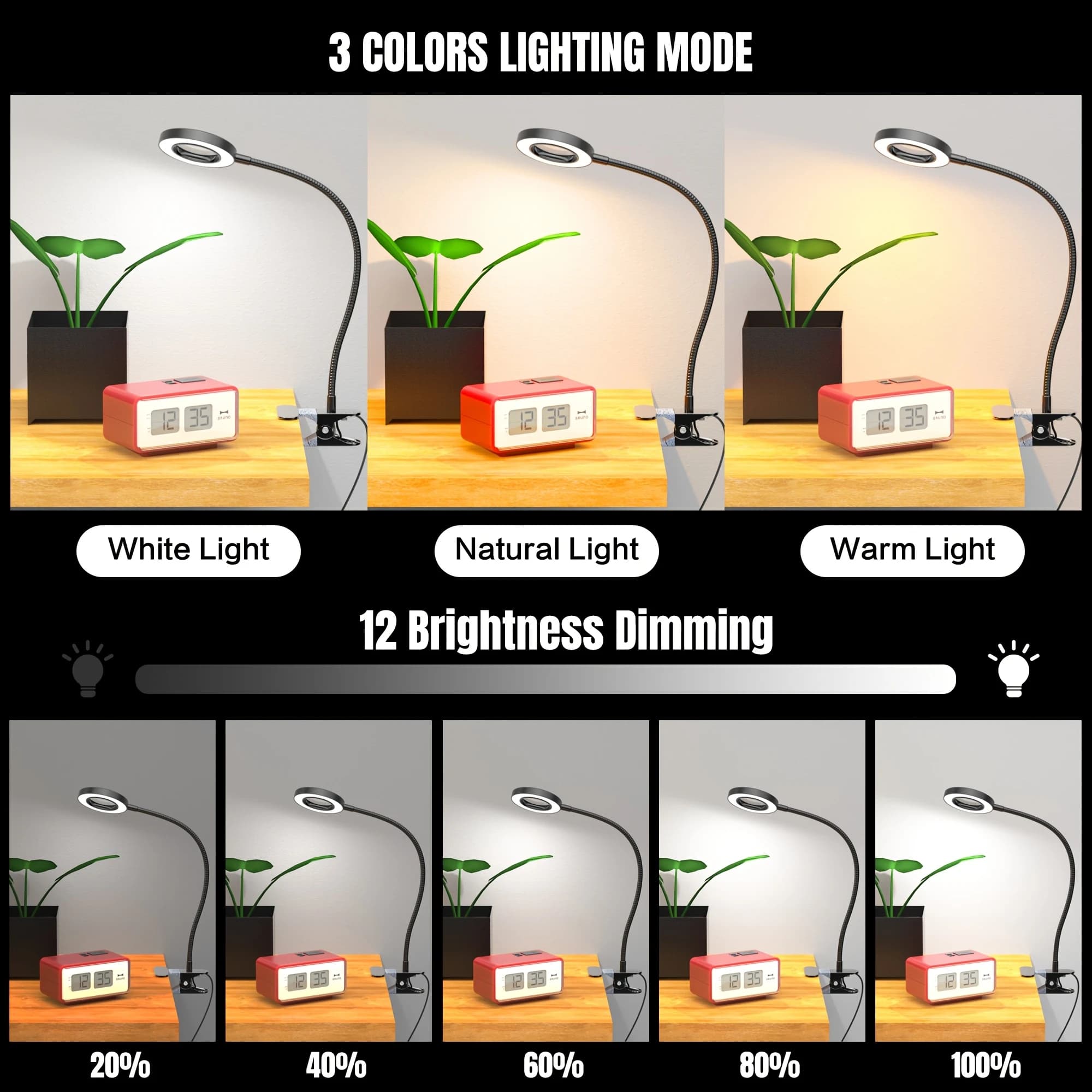 1/2-Pack: Upgraded 10x Magnifying Lamp with Clamp — 3 Color Modes & Stepless Dimming LED, 360° Adjustable Gooseneck, USB Powered. Ideal for Desks, Reading, Bedside Use, and Workshops. A Modern, Multi-Mode Lighting Solution with a Flexible Neck. (Dual-Ligh - Image 5