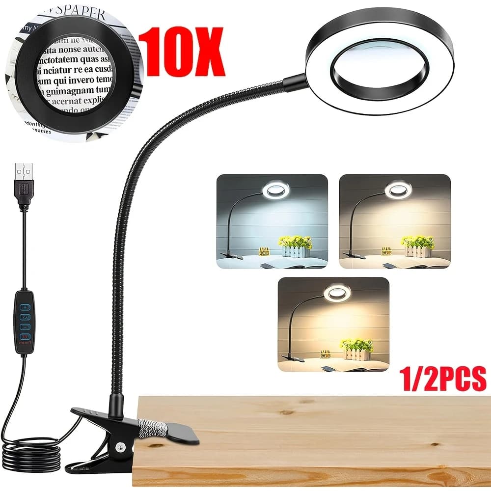 1/2-Pack: Upgraded 10x Magnifying Lamp with Clamp — 3 Color Modes & Stepless Dimming LED, 360° Adjustable Gooseneck, USB Powered. Ideal for Desks, Reading, Bedside Use, and Workshops. A Modern, Multi-Mode Lighting Solution with a Flexible Neck. (Dual-Ligh - Image 6