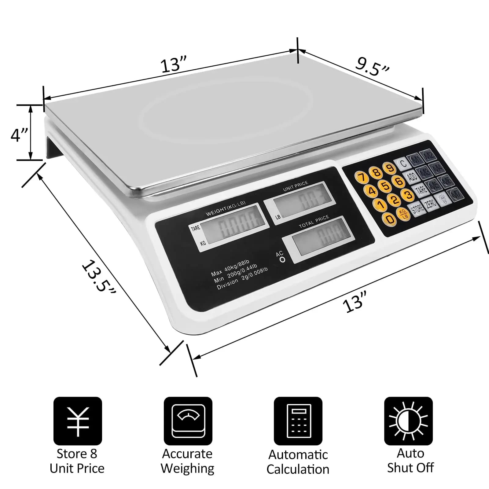 40kg/88lb Commercial Price Computing Scale, LCD Digital Food Scale With Premium Stainless Steel Platform, High Precision Produce Meat Weighing Scale For Farmers Market Retail Store Meat Shop Grocery - Image 2