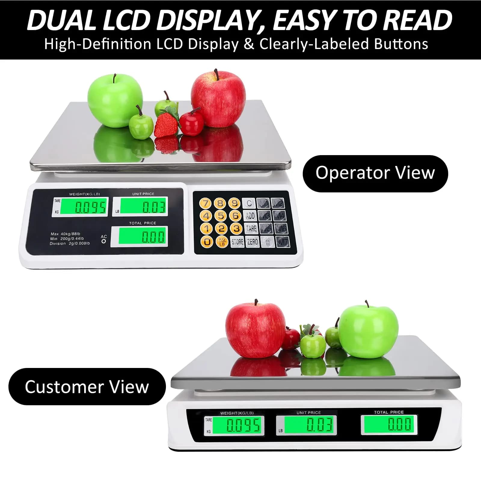 40kg/88lb Commercial Price Computing Scale, LCD Digital Food Scale With Premium Stainless Steel Platform, High Precision Produce Meat Weighing Scale For Farmers Market Retail Store Meat Shop Grocery - Image 3