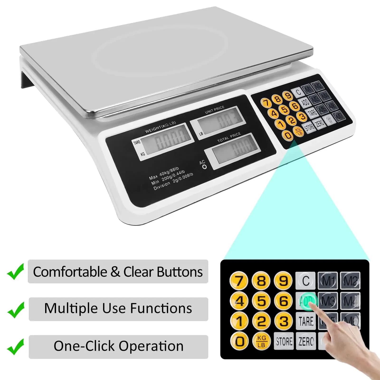 40kg/88lb Commercial Price Computing Scale, LCD Digital Food Scale With Premium Stainless Steel Platform, High Precision Produce Meat Weighing Scale For Farmers Market Retail Store Meat Shop Grocery - Image 4