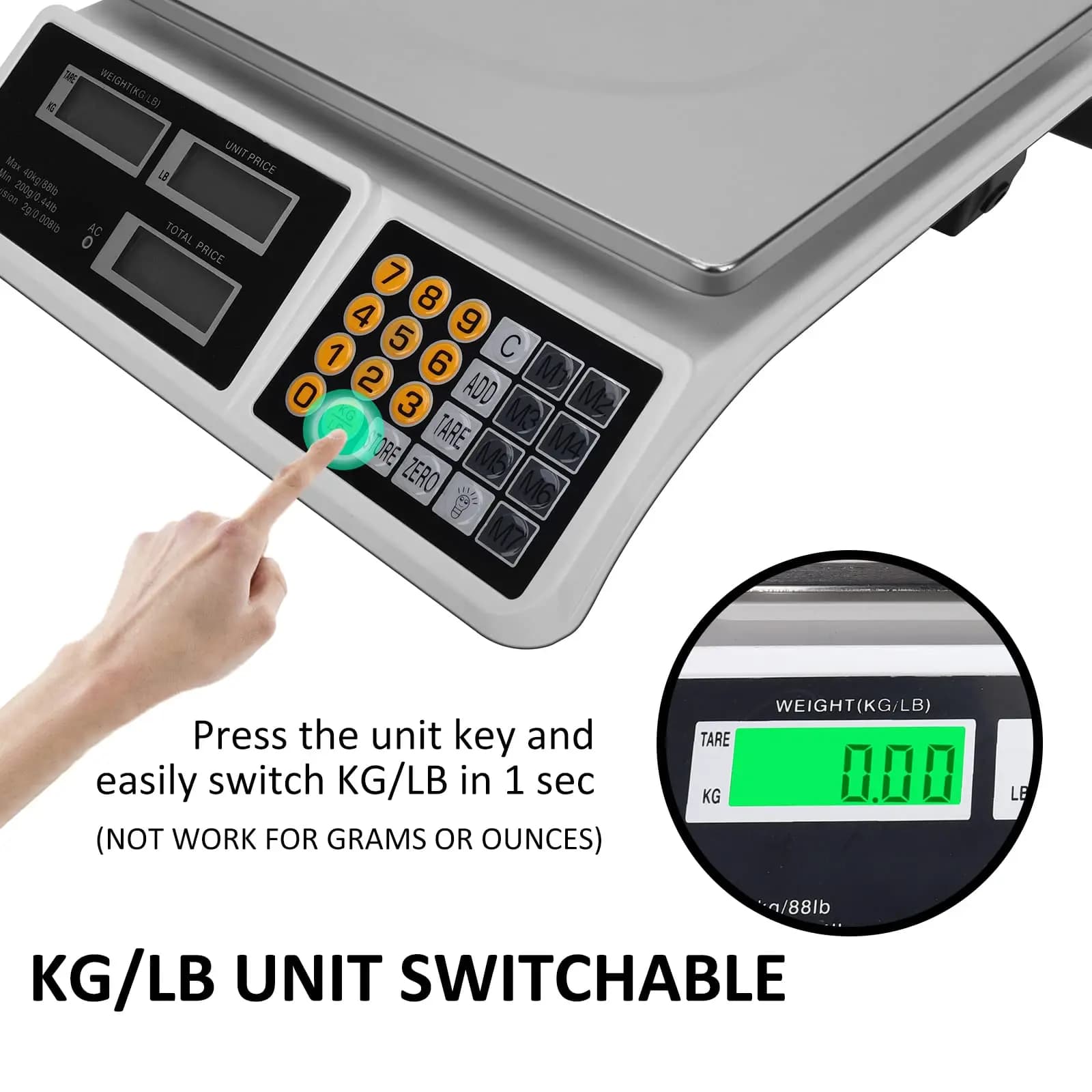 40kg/88lb Commercial Price Computing Scale, LCD Digital Food Scale With Premium Stainless Steel Platform, High Precision Produce Meat Weighing Scale For Farmers Market Retail Store Meat Shop Grocery - Image 5
