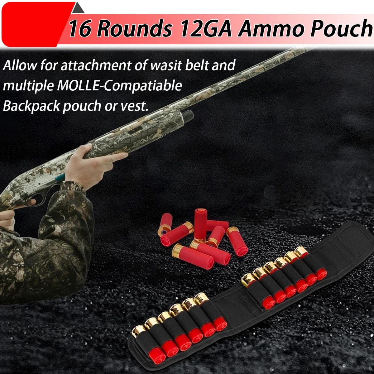 16 Rounds 12GA Shotgun Shell Holder Tactical Molle Waist Bandolier Shotshell Ammo Pouch for 12/16/20 Gauge - Image 6