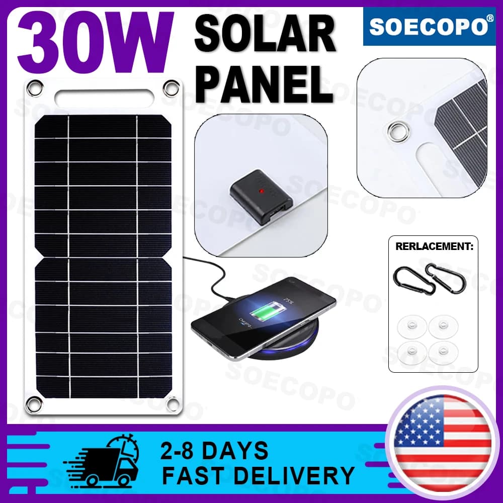 SOECOPO 30W Lightweight Flexible Solar Panel Kit, Free Mini Solar Regulator, Complete Hooks & Suction Cups Accessories, Portable For Phone Outdoor Camping Charging, US Warehouse 2-8 Days Fast Domestic Delivery - Image 1