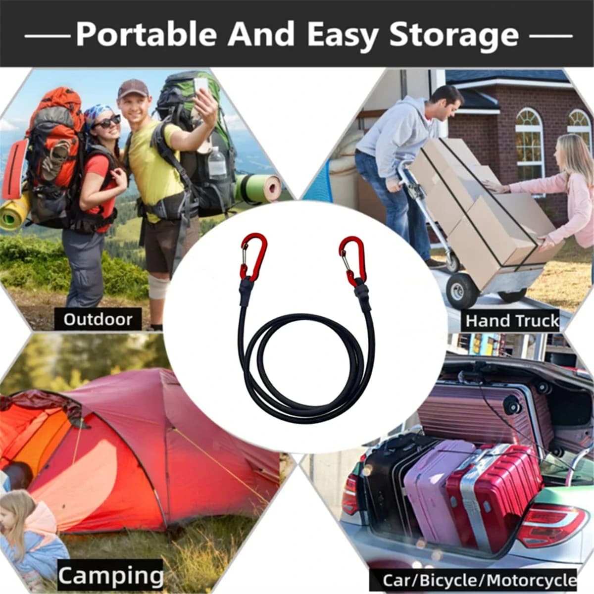Heavy Duty Bungee Cord Elastic Tie Strap String Carabiner Hooks Kayak Cycling Luggage Packing Ropes Camping Accessories - Image 2