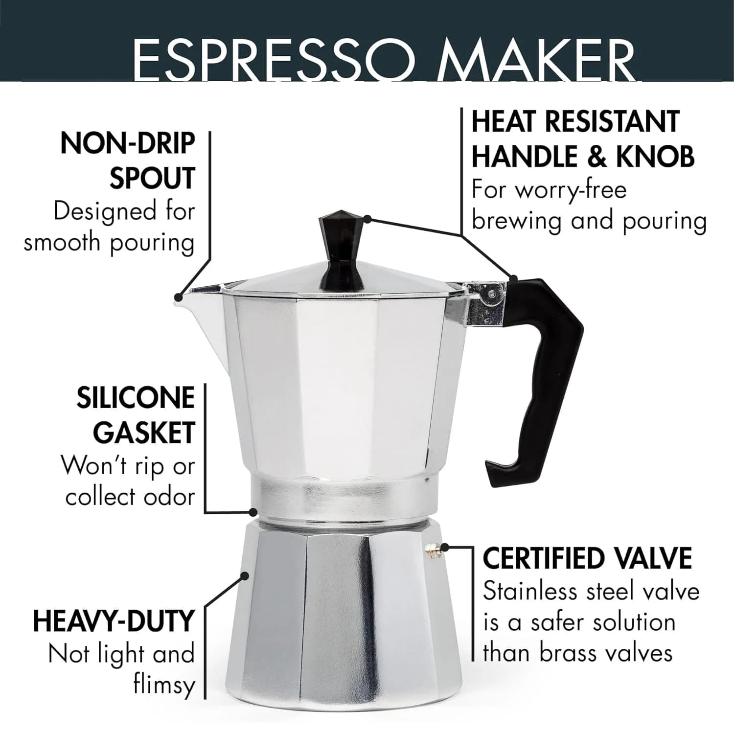 Classic Stovetop Moka Pot, Aluminum Espresso Maker with Replacement Parts, Cuban Coffee Maker for Home & Camping Use - Image 2