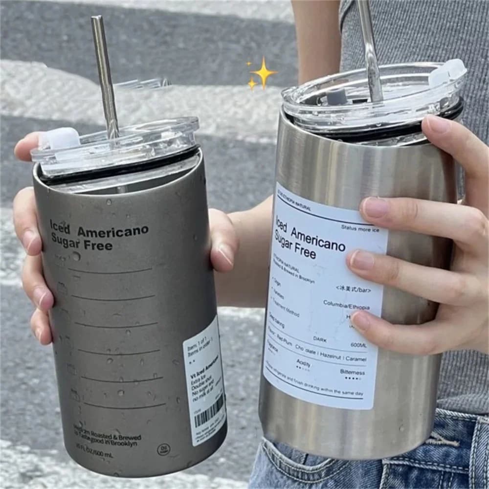 Portable 600ml Thermos Cup 304 Stainless Steel Coffee Mug Thermal Leak-proof Water Bottle with Straw Insulated Bottle Drinkware - Image 1