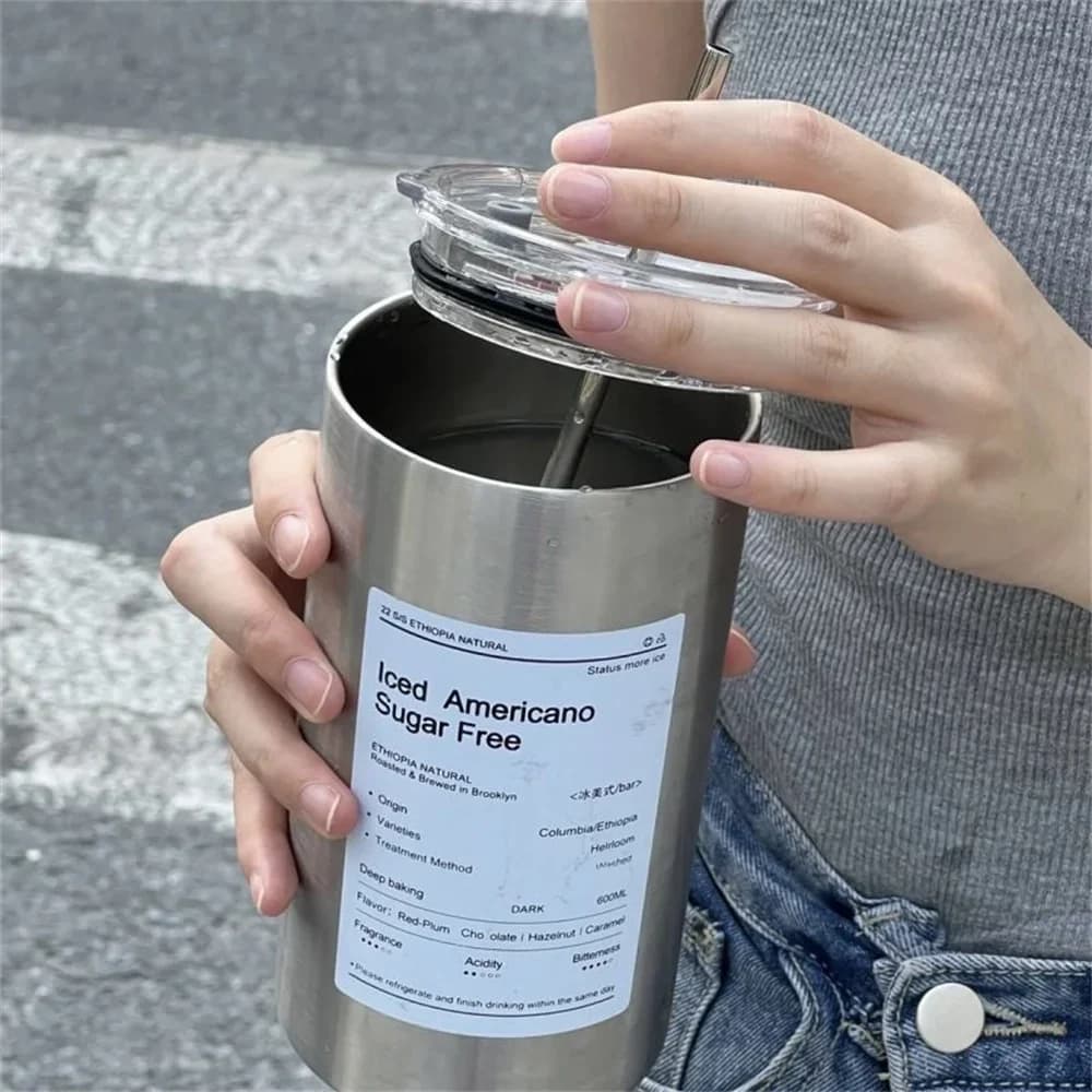 Portable 600ml Thermos Cup 304 Stainless Steel Coffee Mug Thermal Leak-proof Water Bottle with Straw Insulated Bottle Drinkware - Image 4