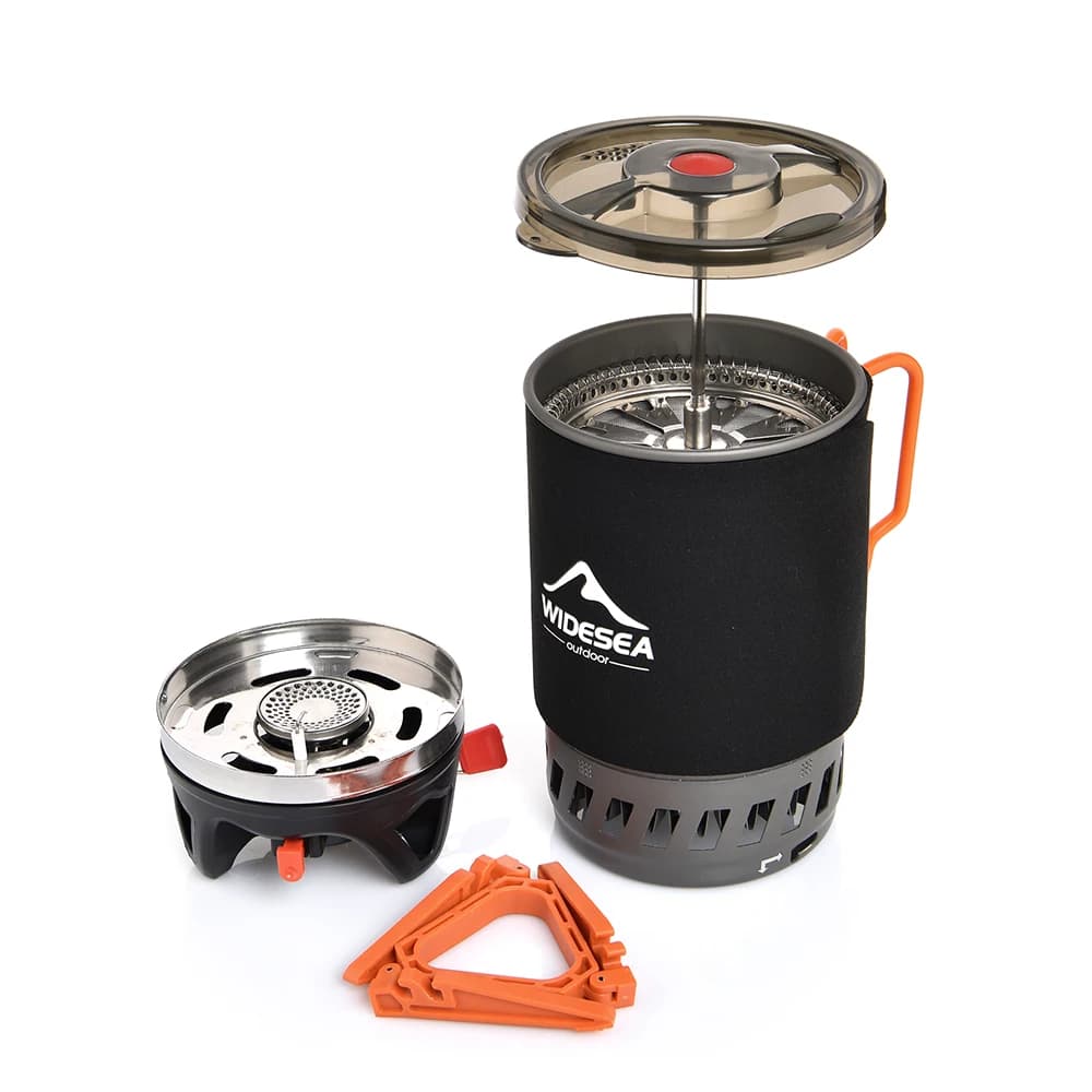 Widesea Portable Camping Coffee Maker Set French Press 0.9L Coffee Pot 1100BTU Gas Stove with Anti-scalding Cover for Outdoor Hi - Image 1
