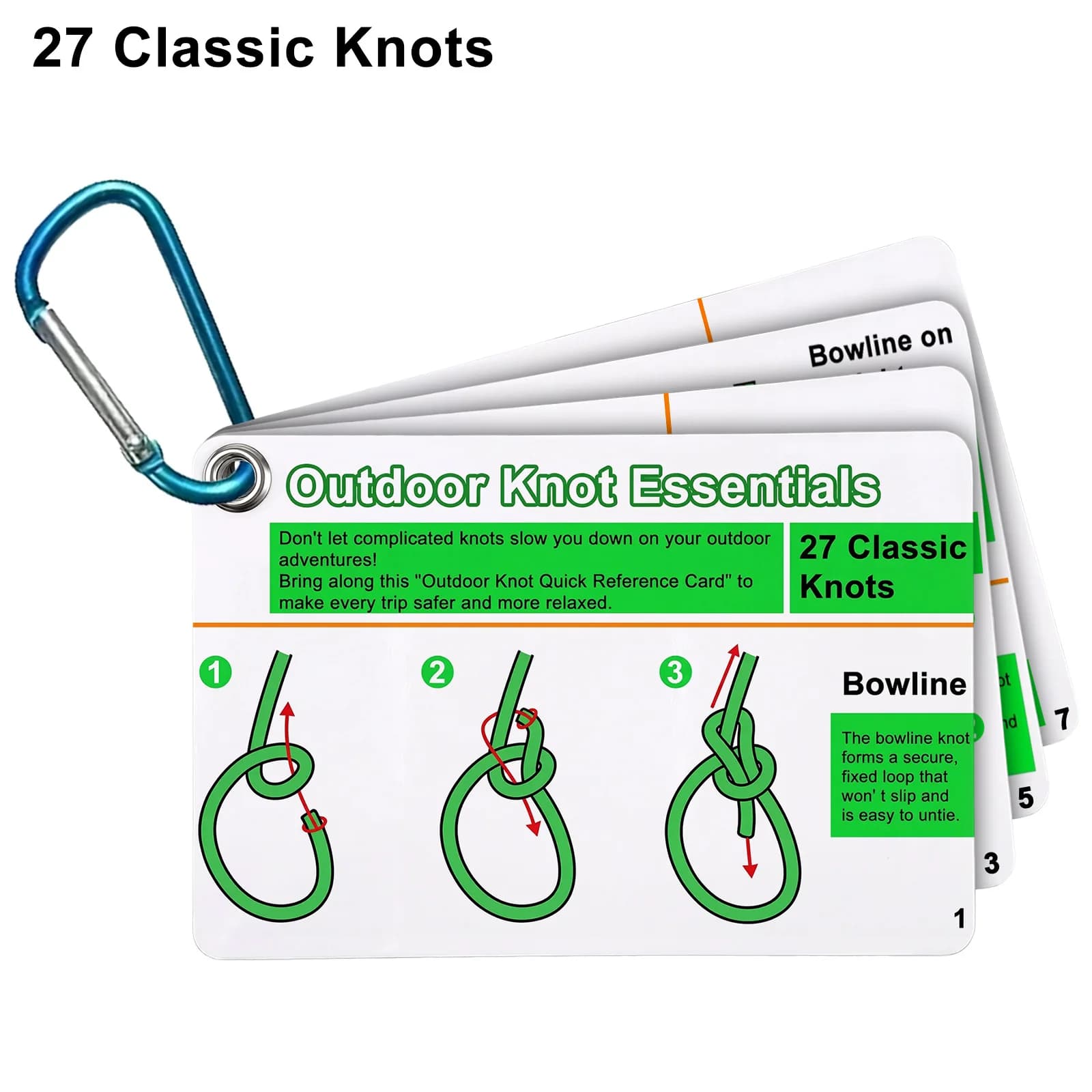 Rock Climbing Knot Cards Includes 27 Rope Knots,with Mini Carabiner to Clipping,Waterproof Knot Tying Cards Ultimate Knot Guides - Image 2