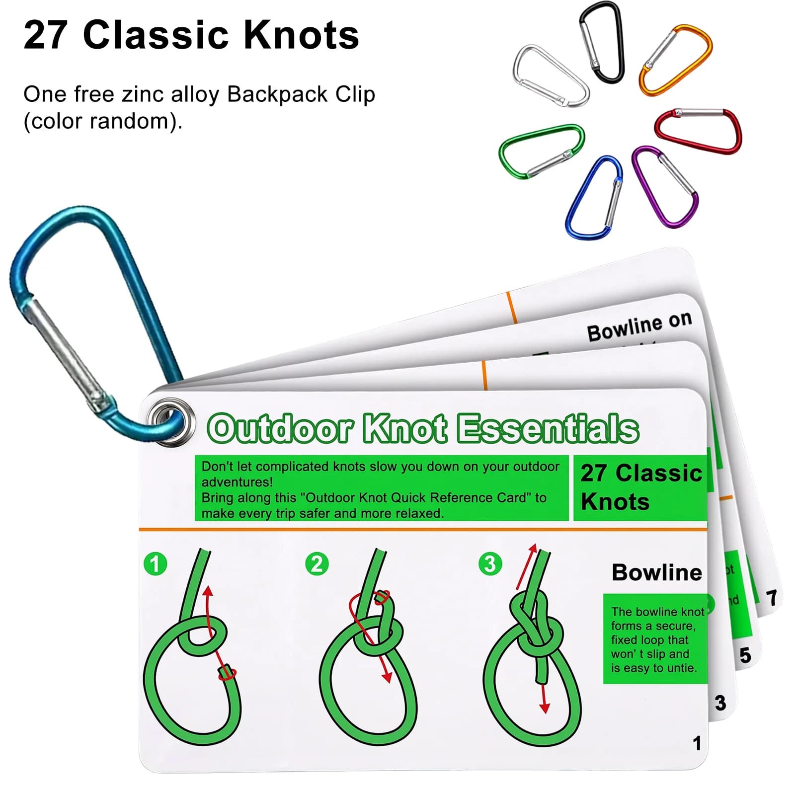 Rock Climbing Knot Cards Includes 27 Rope Knots,with Mini Carabiner to Clipping,Waterproof Knot Tying Cards Ultimate Knot Guides - Image 4
