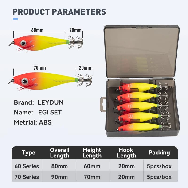 LEYDUN Luminous Horizontal Squid Jig Wood Shrimp Squid Hook 5pcs Fishing Lures LEYDUN Octopus Cuttlefish Shrimp Saltwater Baits - Image 2