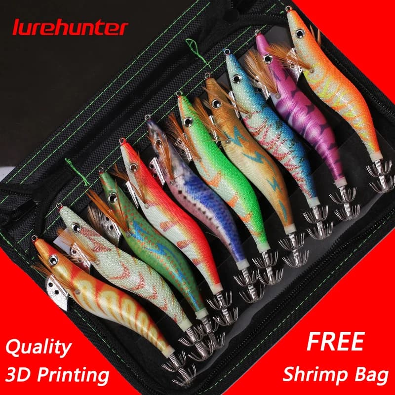 10PCS with Shrimp Bag 3D Printing 2.5 3.0 3.5 Hook Luminous Squid Jig Fishing Wood Shrimp Lure Squid Cuttlefish Jigs Lures - Image 1