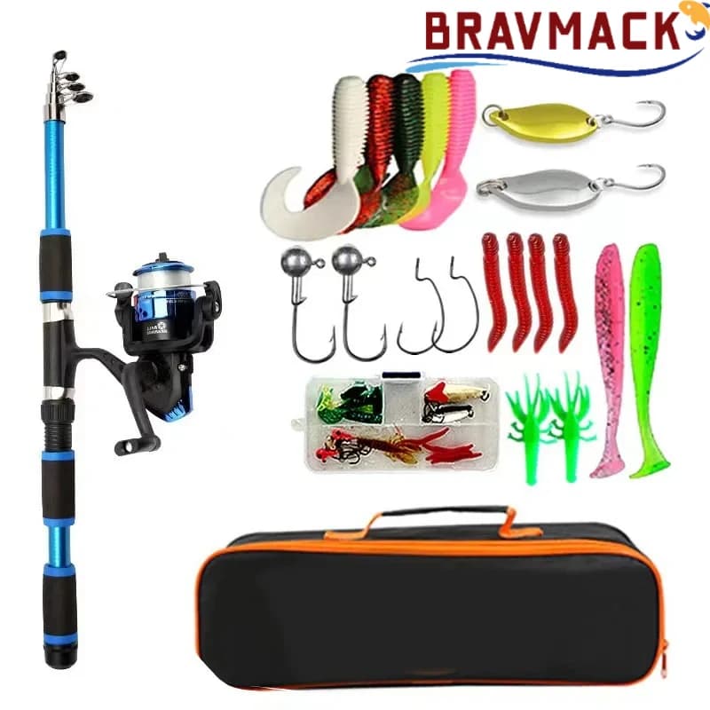 BRAVMACK Travel Telescopic Fishing Rod Full Kit Spinning Reel Baits Hooks Portable Outdoor Angling Pole Set - Image 1