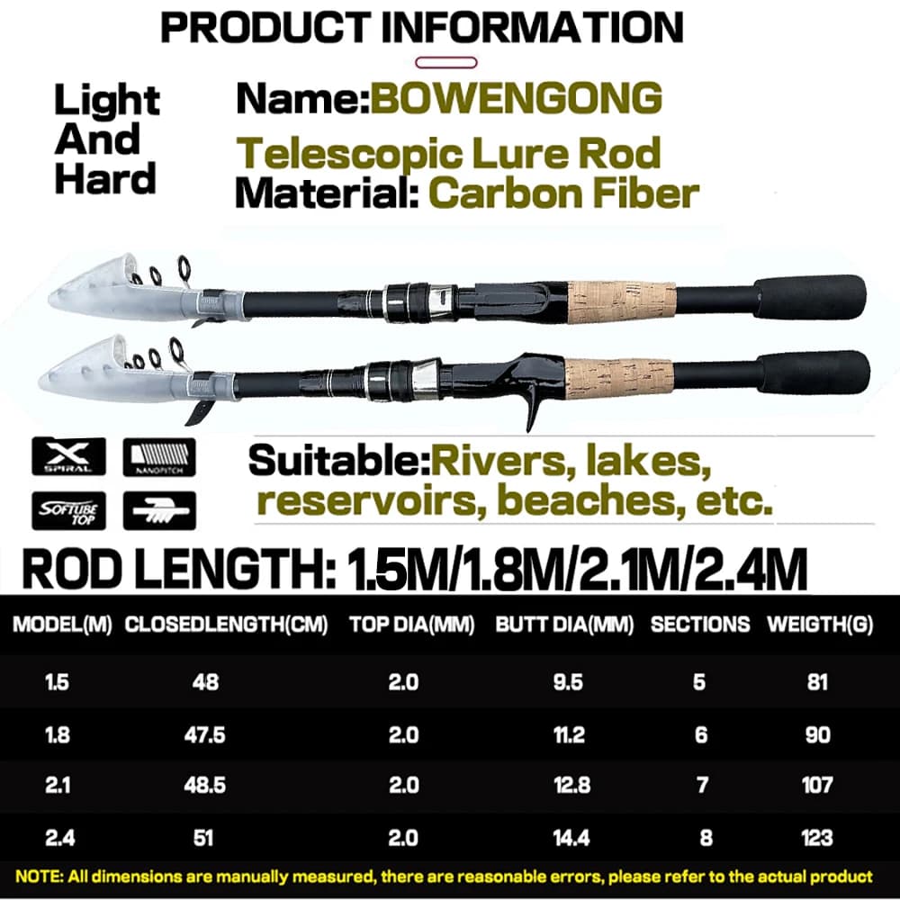 Telescopic Lure Rod 1.5M 1.8M 2.1M 2.4M Carbon Spinning Rod Baitcasting Fishing Pole 8g-25g Wooden Handle Casting Fishing Tackle - Image 4