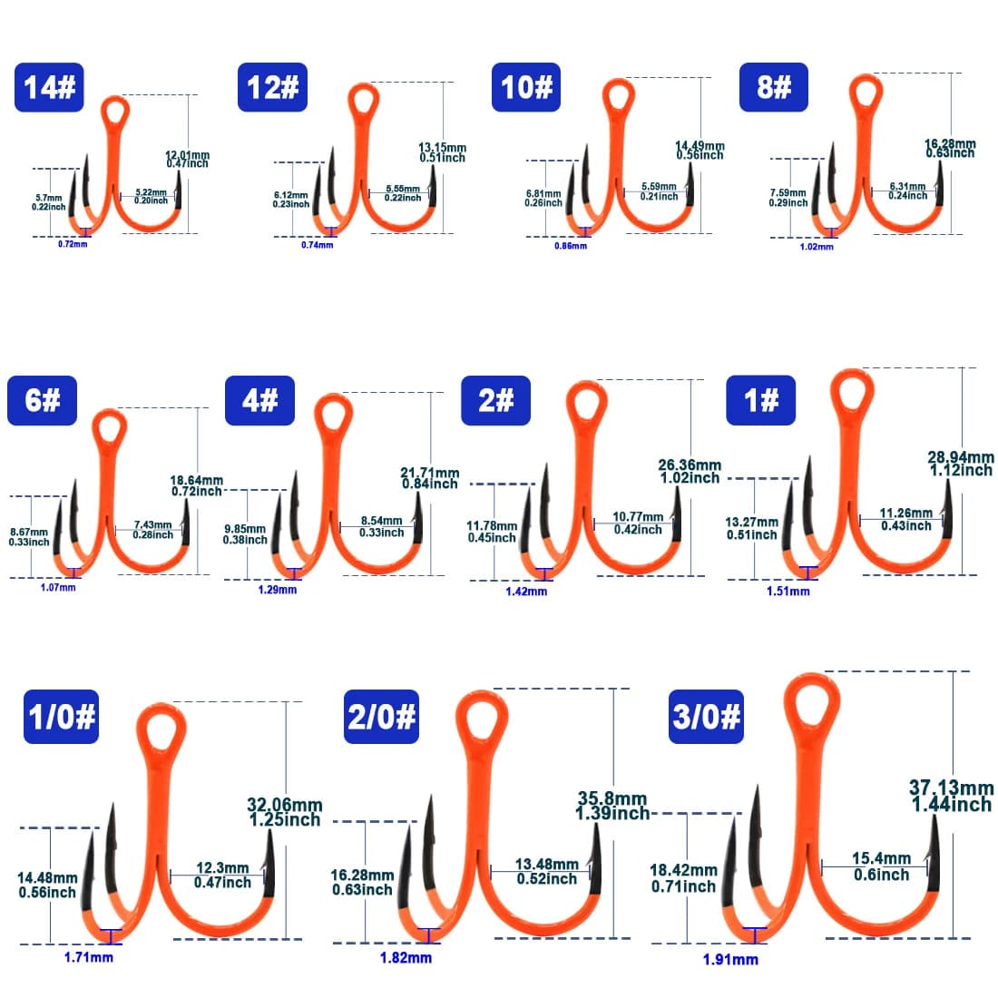10Pcs Triple Hook Treble Hooks 2X Strong for Deep Freshwater Applications, Orange Ultra Violet (UV) - Image 2