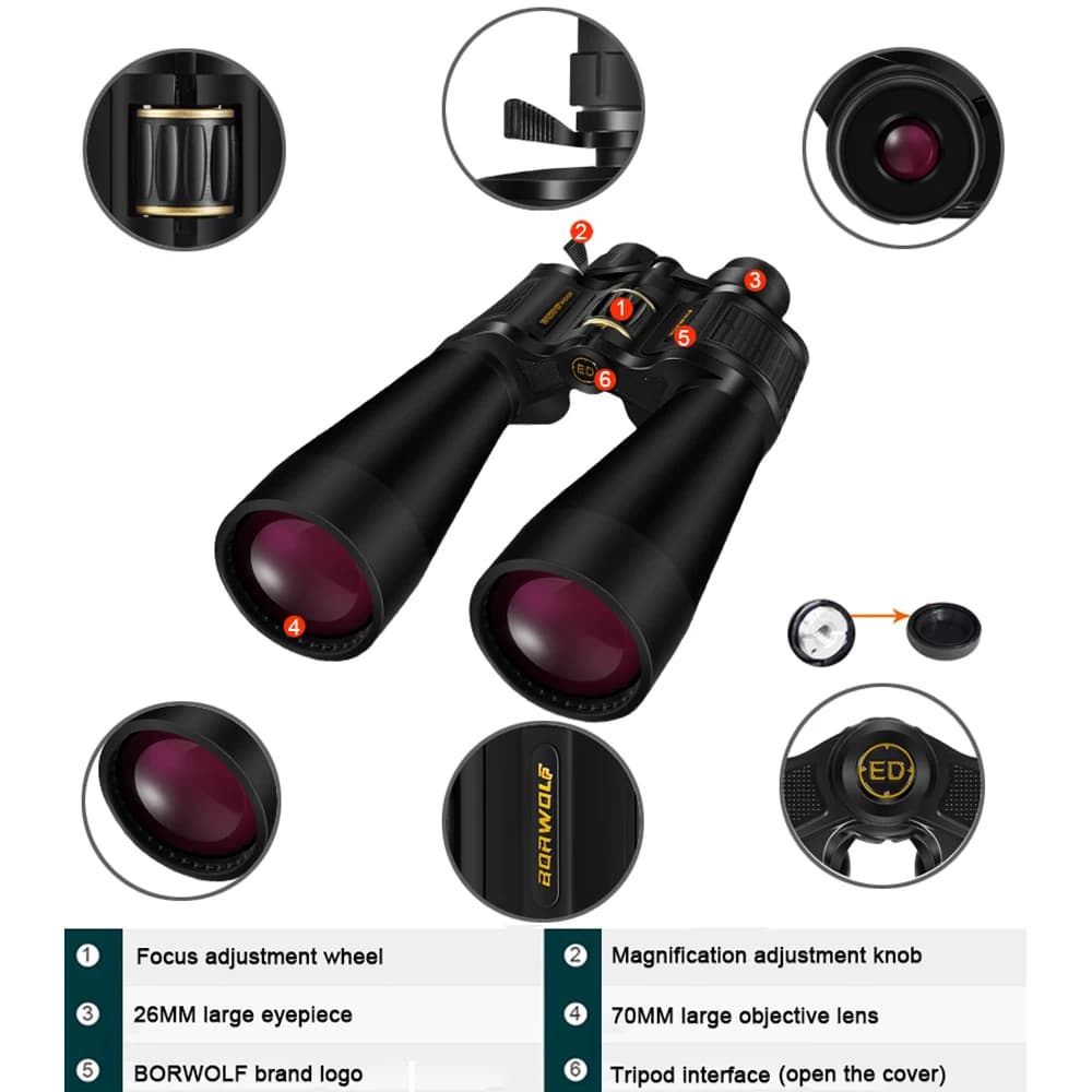 BORWOLF Large Objective lens 25-75X70 Binoculars FMC Optical High Power Hunting Birdwatching Telescope Watching Moon - Image 3