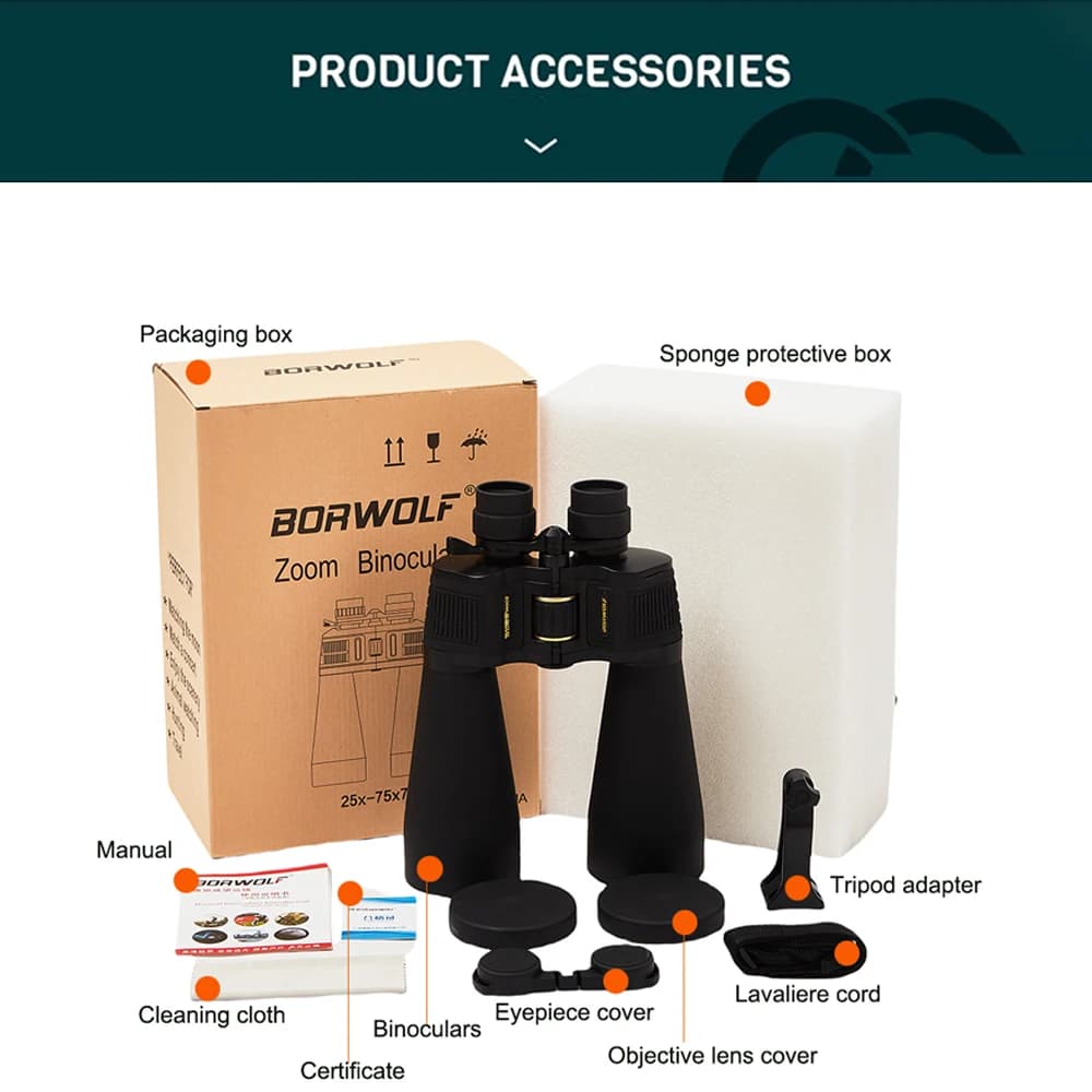 BORWOLF Large Objective lens 25-75X70 Binoculars FMC Optical High Power Hunting Birdwatching Telescope Watching Moon - Image 6