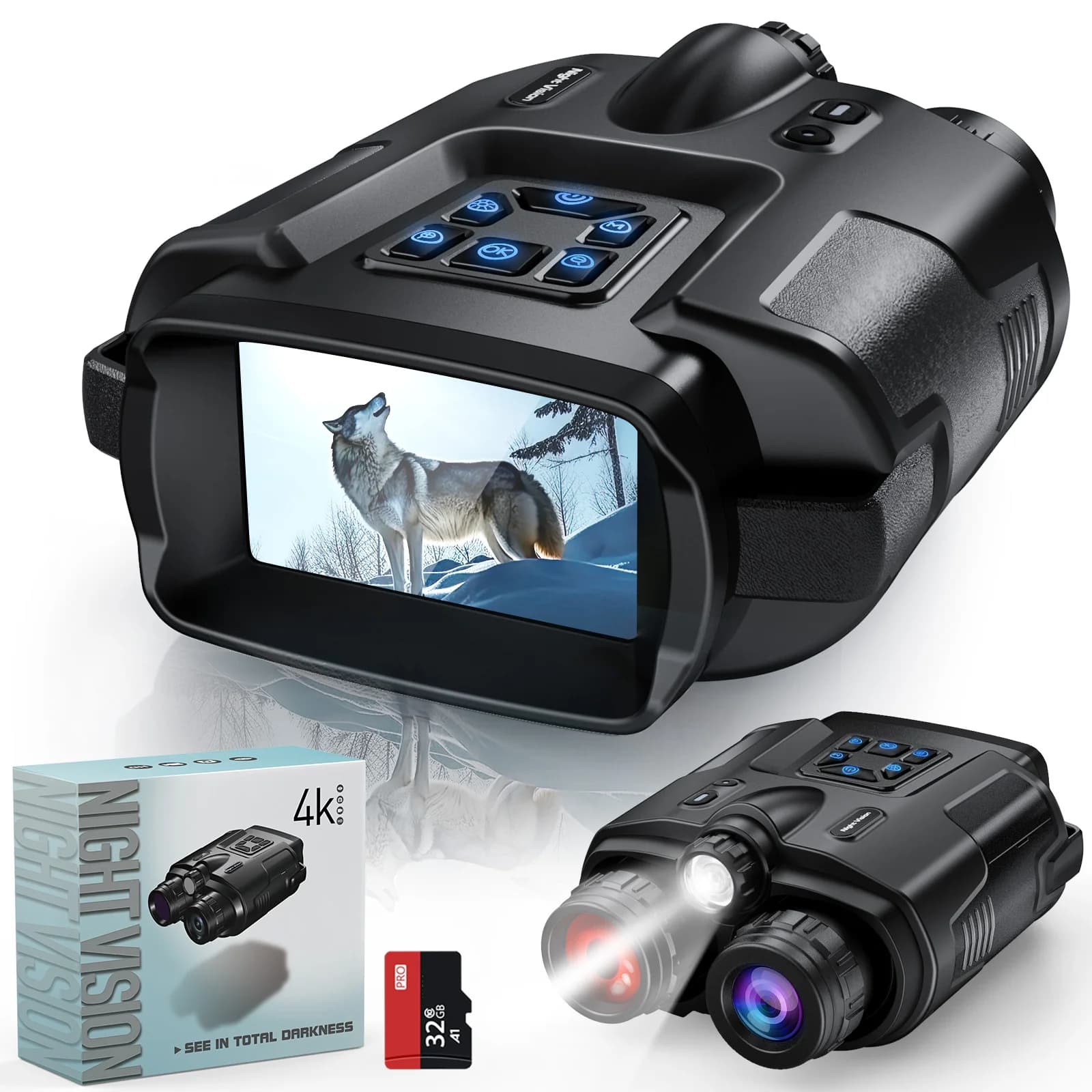 4K Night Vision Binoculars 32GB Infrared Night Vision Goggles 3” Large Screen 8X Digital Zoom Tactical Light for Camping Hunting - Image 1