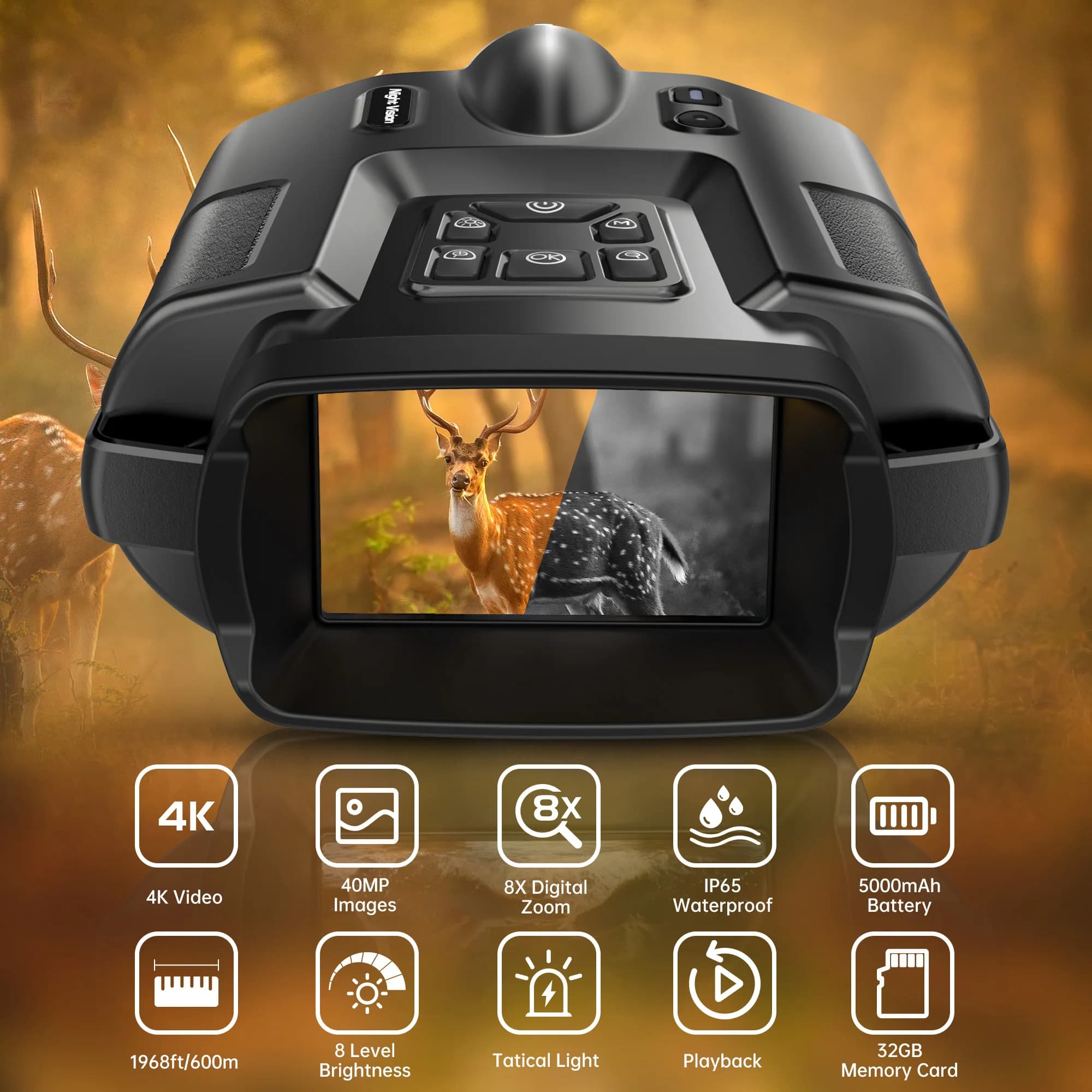 4K Night Vision Binoculars 32GB Infrared Night Vision Goggles 3” Large Screen 8X Digital Zoom Tactical Light for Camping Hunting - Image 2