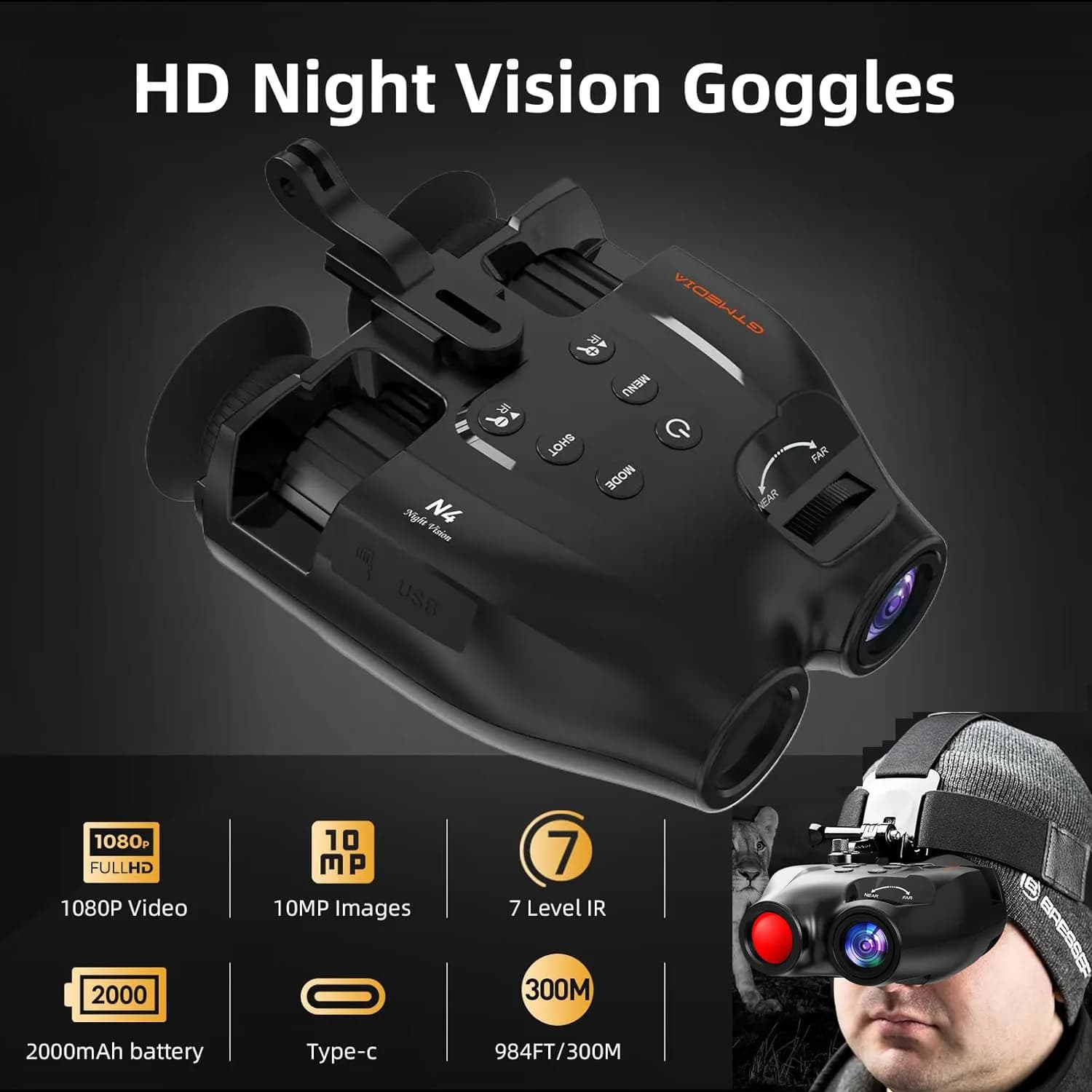 Night Vision Binoculars with Head Mount Goggles Telescope Infrared 300 Meters Darkness Goggles for Hunting Hunting Surveillance - Image 1