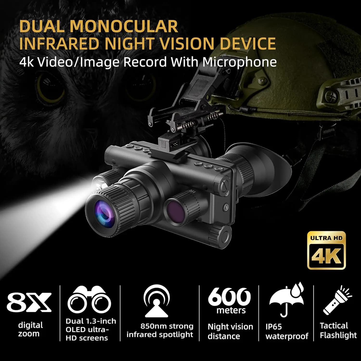 Night Vision Goggles Head Mounted, Night Vision Binoculars with 4K HD 1.28" Dual Round Screen for Camping Hunting Fishing Z9157 - Image 2