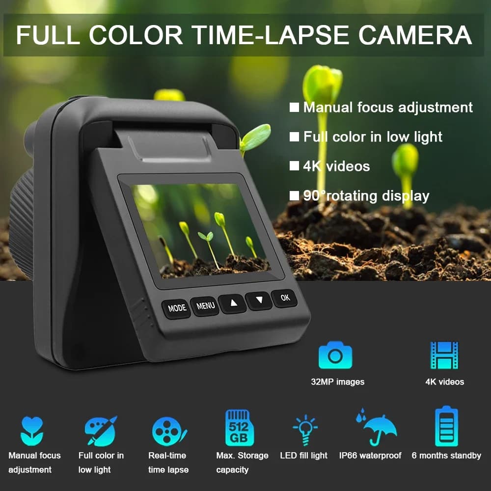 32MP 4K Outdoor Time Lapse Camera Waterproof Trail Camera Recorder with 90 Degree Rotating Screen 6 Months Battery Life - Image 3