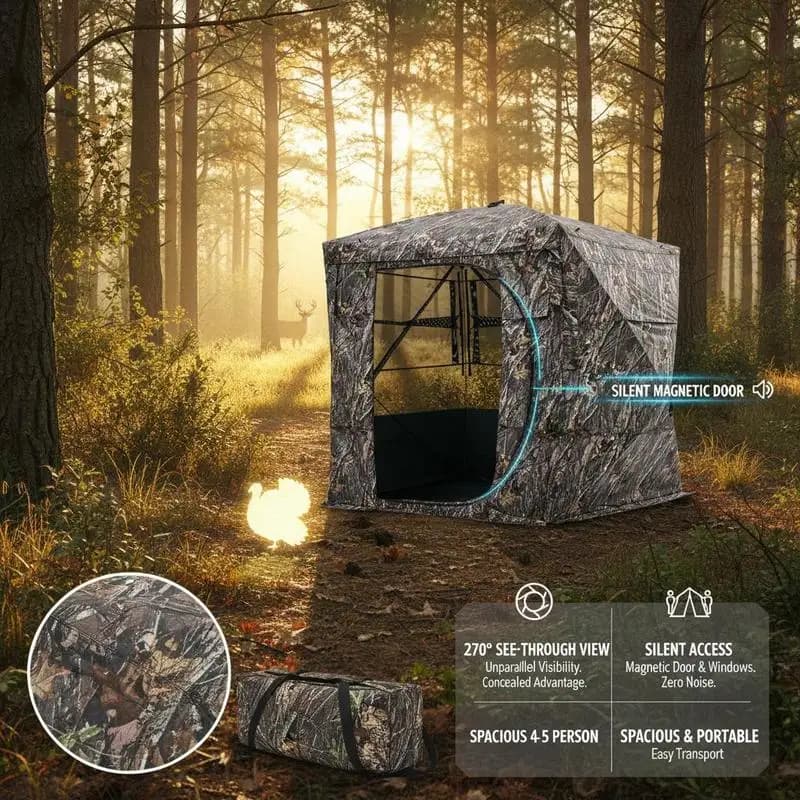 Hunting Blind 4-5 Person For Turkey Deer Hunting, Portable Camouflage Tent, Silent Magnetic Door Window, Durable Concealed Shelter, Compact Carrying Bag, 270 Degree Visibility - Image 5
