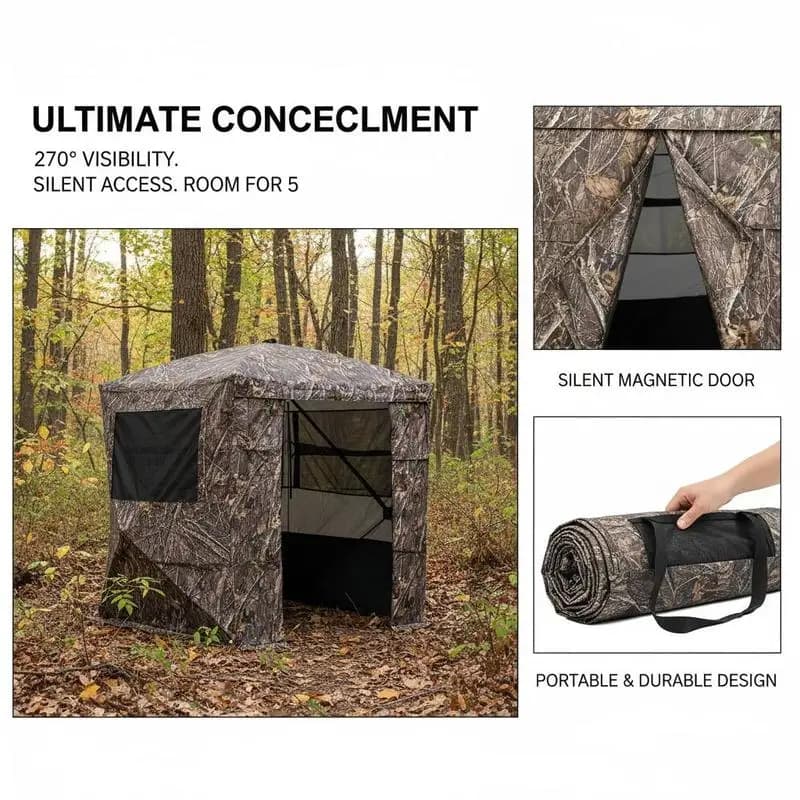 Hunting Blind 4-5 Person For Turkey Deer Hunting, Portable Camouflage Tent, Silent Magnetic Door Window, Durable Concealed Shelter, Compact Carrying Bag, 270 Degree Visibility - Image 6