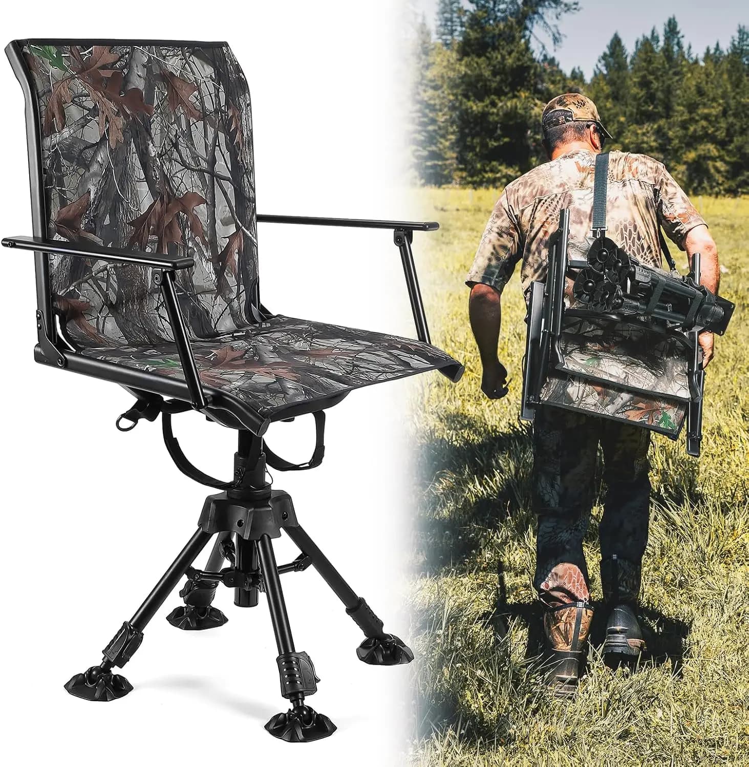 360 Degree Silent Swivel Hunting Blind Chair 300 Lbs Height Adjustable Quick Folding Portable Outdoor Deer Fishing Ground Seat Furniture Gear Equipment For Camping Studio, Black - Image 1