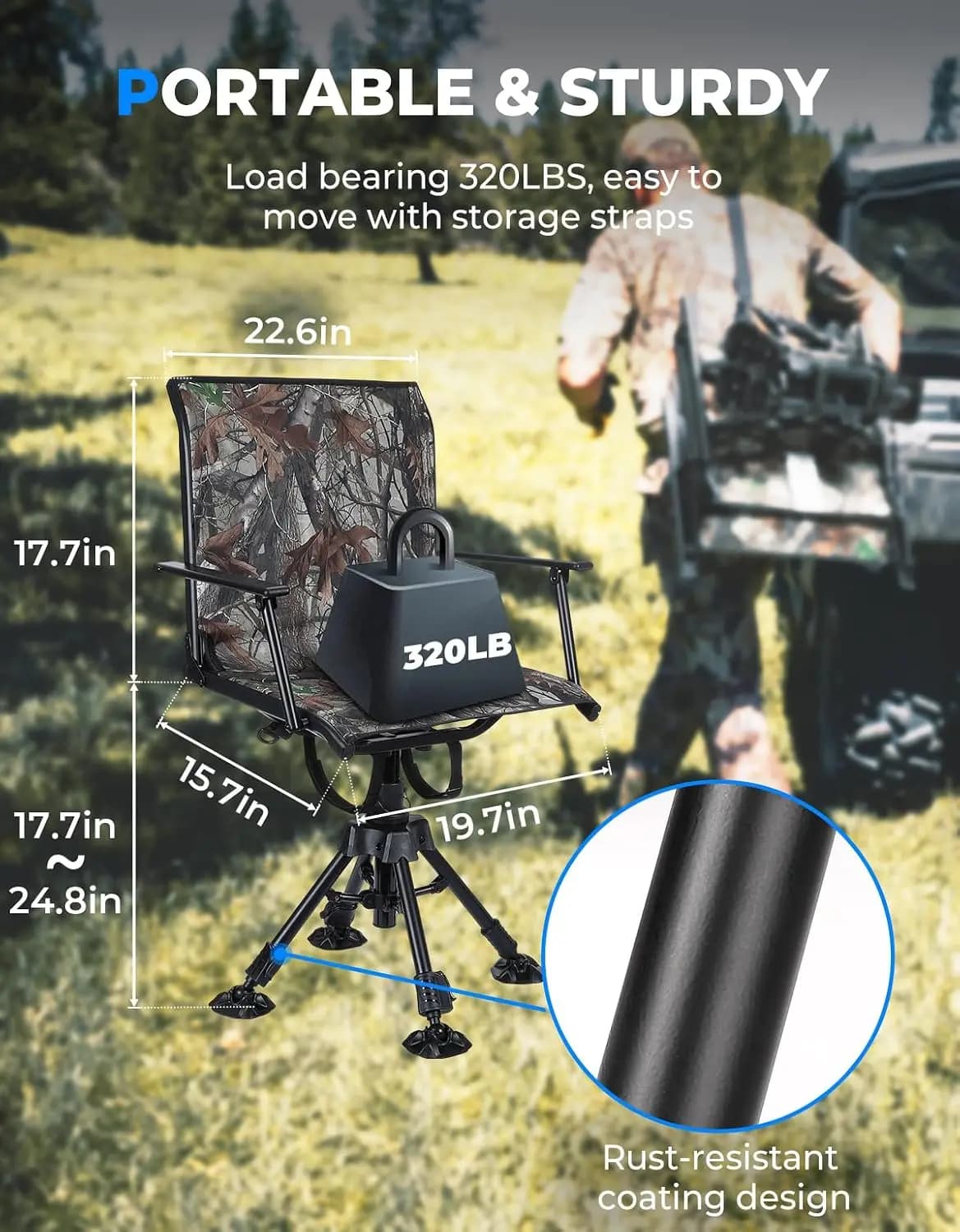 360 Degree Silent Swivel Hunting Blind Chair 300 Lbs Height Adjustable Quick Folding Portable Outdoor Deer Fishing Ground Seat Furniture Gear Equipment For Camping Studio, Black - Image 2