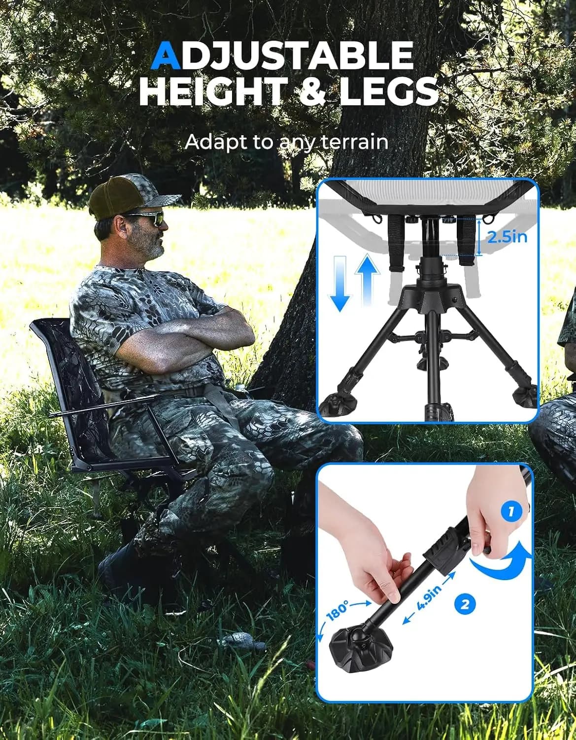 360 Degree Silent Swivel Hunting Blind Chair 300 Lbs Height Adjustable Quick Folding Portable Outdoor Deer Fishing Ground Seat Furniture Gear Equipment For Camping Studio, Black - Image 5