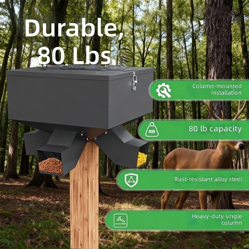 Gravity Deer Feeder, Automatic Feeding System, Portable with 4 Feeding Ports, Rain and Bite Resistant, 80 lbs Capacity - Image 4