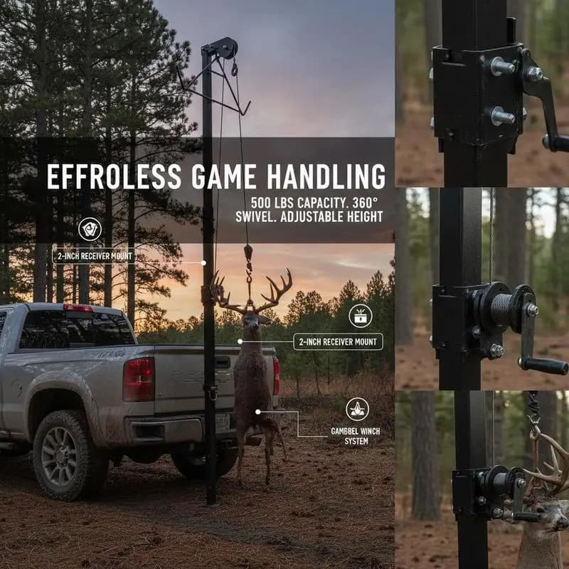 Game Hoist 500 lbs For Hunting Deer, Truck Towing, Outdoor Processing, Adjustable Height, 360-Degree Swivel, 2-Inch Receiver, Gambrel Winch Included, Skin and Clean Game - Image 4