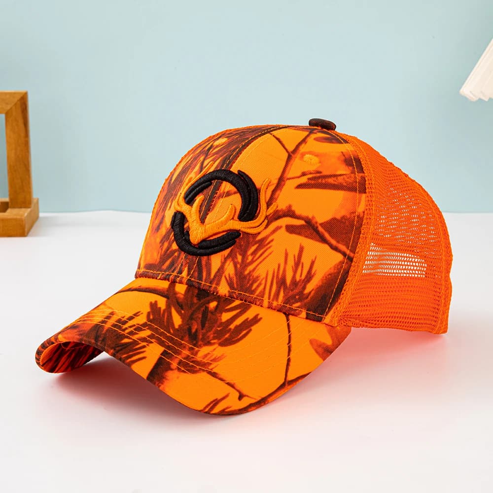 Outdoor Camouflage Deer Antler Embroidered Mesh Truck Hat Leaf Print Embroidery Breathable Baseball Cap for Hunting - Image 1