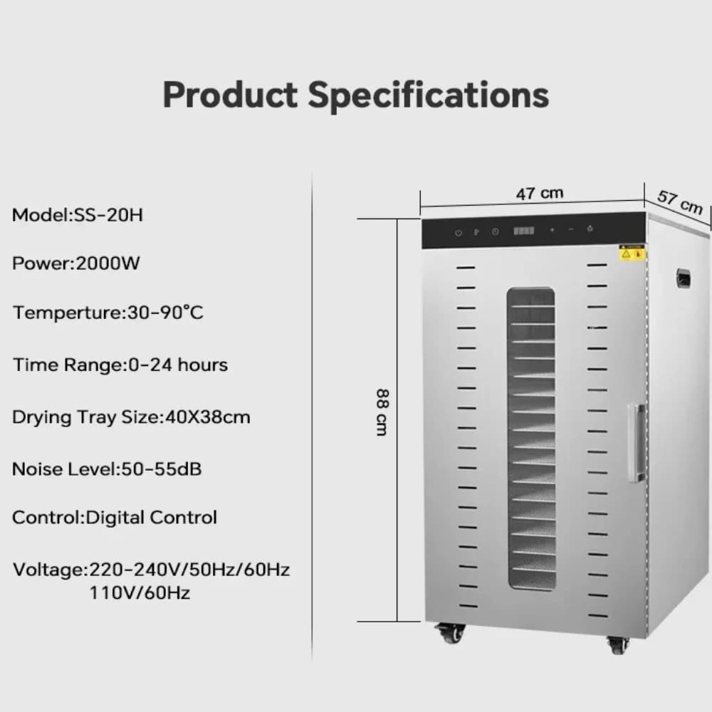 2000W Commercial Food Dehydrator 20 Trays Stainless Steel Jerky Maker 110V 220V Meat Fruit Dryer Machine 30-90℃ Pet Treat - Image 5