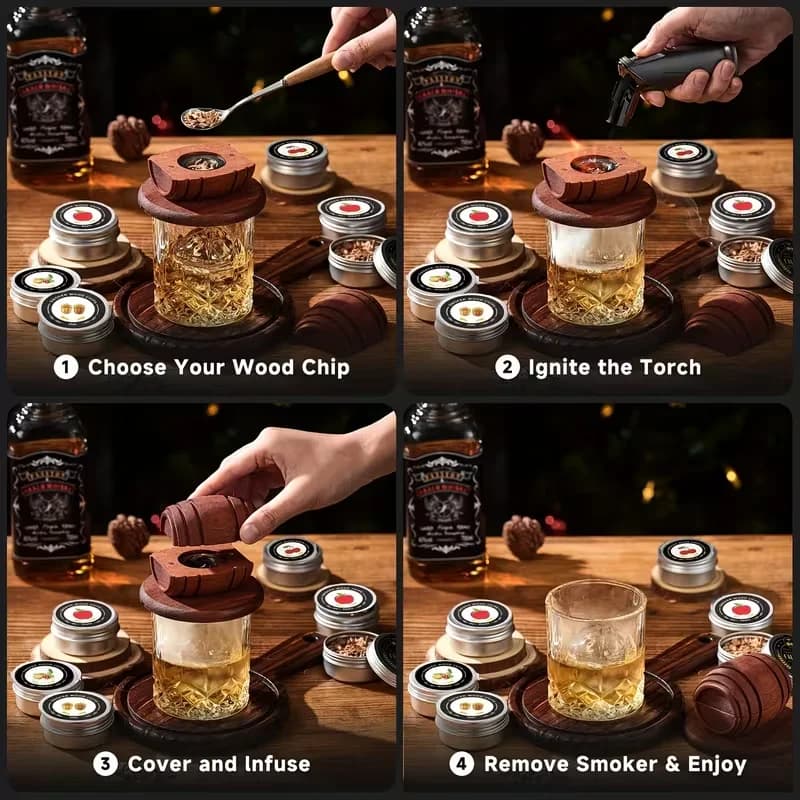 4/6 Flavors Whiskey Smoker Kit Classic Cocktail Infuser Set with Wood Chips Smoker for Bourbon Whiskey Gifts, Birthday Present - Image 2